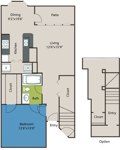 Floor plan for 1 bed, 1 bath, 843 sqft
